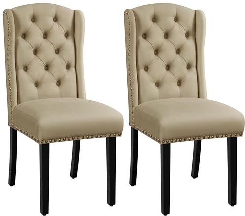 Yaheetech Lot de 2 Chaises de Salle à Manger en Tissu Effet Lin Design Classique Boutonné Ensemble de Chaises de Cuisine Rembourrées avec Pieds en Bois Massif Garniture Clou Dorés Kaki