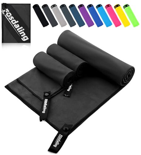 Fosdaling Mikrofaser Handtuch 3er Set - Groß 200×100cm & 2 Klein 80×40cm, Schnelltrocknend Microfaser Sporthandtuch, für Reisehandtuch, Badetuch, Fitness & Sport Handtücher und Strandtuch (Schwarz)