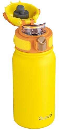 OLDLEY Insulated Kids Water Bottle 350ml/12oz Stainless Steel Metal Water Bottles Leakproof Double Walled Cute Vacuum Small Flask with Handle Keep Drinks Hot Cold for Boys Girls Children (Yellow)