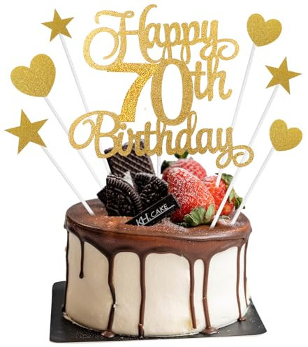 70th Birthday Cake Decorations, 7Pcs Personalised Happy 70th Birthday Cake Topper with Heart Star Cupcake Picks, Gold Glitter Happy 70 Years Old Birthday Sign for Birthday Party Supplies