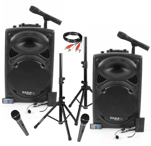 Ibiza - Pack de 2 altavoces portátiles USB Bluetooth PORT12VHF-BT 700 W 6 micrófonos - Par de soportes para altavoces SS01B-MINI