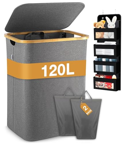 MC MICUS Cesto Ropa Sucia con Tapa 120L, XL, Estrecho, Pack Organizador de Puerta – Cesta Plegable con Asas para Baño, Cubo para Dormitorio, Lavandería, Baños, habitaciones, niños, Gris