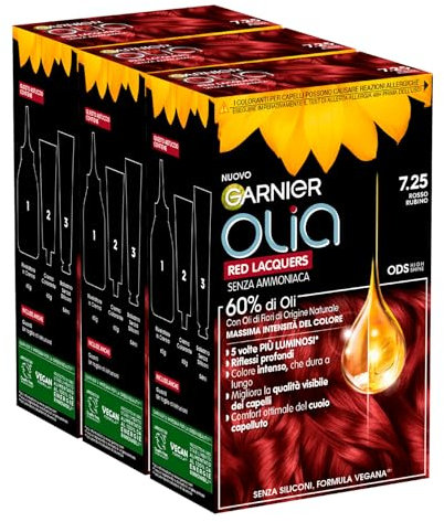 Garnier Olia Red Lacquers Permanente Haarfarbe, ohne Ammoniak, Färbung mit Blütenölen natürlichen Ursprungs mit aufhellender und pflegender Wirkung, Farbe 7,25, Rubinrot – 3 Packungen