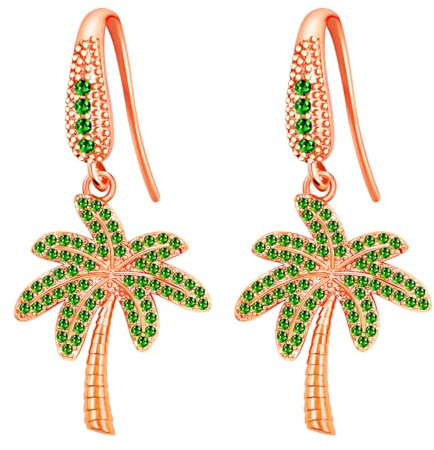 JunyiDIY Rose Gold Palm Tree Earrings, CZ Crystal Dangle Jewelry Tropical Beach Accessories for Women Summer Vacation Gift YA4828