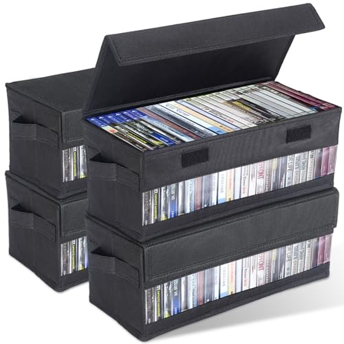 CCidea 4 Pack DVD Storage Box with Clear Window, DVD Case Organizer with Zipper Closure, Foldable Stackable Media Storage for DVDs, Blu-ray, Video Games - Holds 27+ Standard Cases 15.75 x 8.1 x 6.3