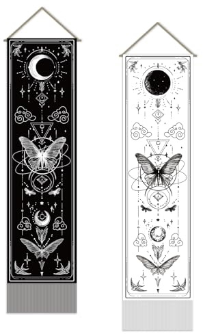 SUPERDANT 2 x Wandteppich Mit Sonne Und Mond Moderner Schmetterlings Wandbehang Langer Vertikaler Quasten Wandteppiche Mit Stangenseilen Für Schlafzimmer Wohnzimmer Veranda Flur Bürodekoration