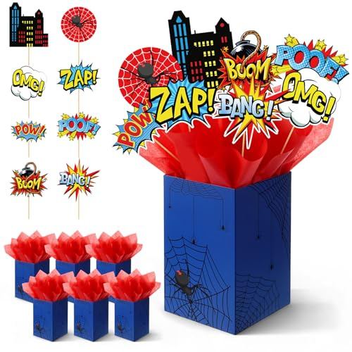 MotiMind 6 Sets 74 Pcs Spider Party Centerpieces Spider themed Party Decorations Table Toppers with Box Circus Sound Effect Cutouts and Sticks Tissue Paper for Baby Shower Birthday Decor