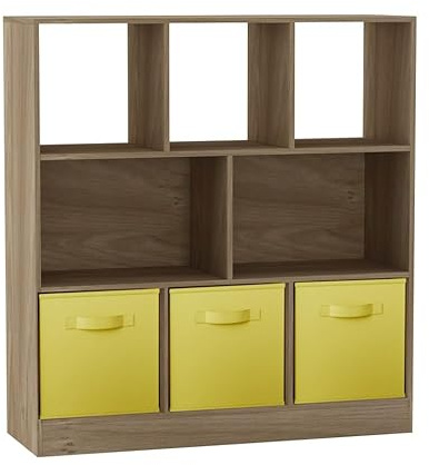 URBNLIVING Asymmetrical 8 Cube Oak Bookcase Storage Unit with 3 Fabric Drawer Inserts – Wooden Display Shelf for Home, Office, or Bedroom Organization Yellow