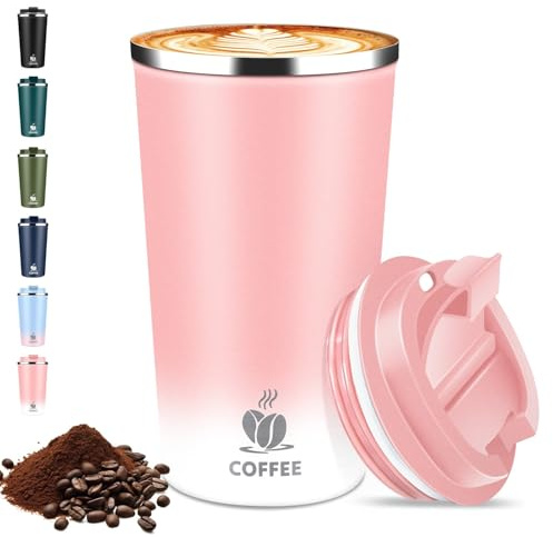 Thermobecher Kaffeebecher to Go - mit Deckel, 510ml Isolierbecher Edelstahl Travel Mug, Auslaufsicherer Thermo Becher für Heiße & Kalte Getränke, Reisebecher für Auto, Büro, Reise (Rosa und Weiß)