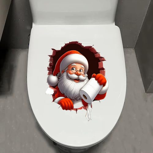 Leniutor 1pcs Christmas Toilet Lid Stickers, Santa Reindeer Snowman Elf Toilet Seat Cover Decals, Waterproof PVC Wall Stickers for Xmas Home Window Clings Decorations (Waving Santa)