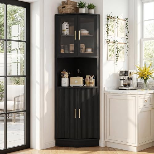 BonVache Tall Corner Storage Cabinet, Bathroom Corner Shelf Unit with Glass Door and 5 Storage Shelves, Freestanding Sideboard Cabinets for Living Room Kitchen, Black