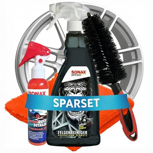4 teiliges Felgenreinigungs-Set: Sonax Felgenbeast 1000ml und Ceramic Quick Detailer 140ml und Craft-Equip Felgenbürste 35cm und Microfasertuch - zur schonenden Reinigung von Alufelgen