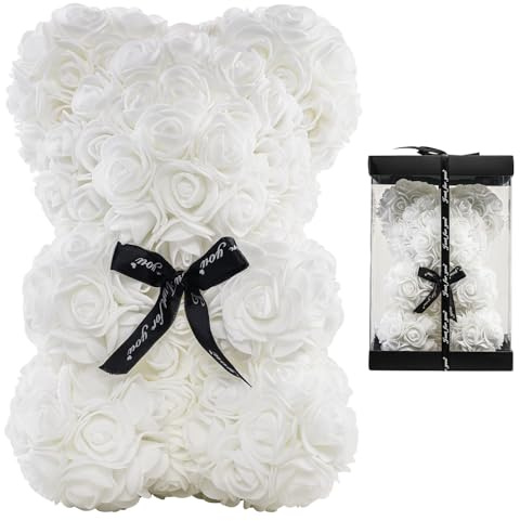 LEUCHTAMOR Rose Bear White Teddy Bear Valentines Gifts for Her Rose Flower Anniversary with Gift Box Wedding Birthday Mothers Day for Women Mom Wife Girlfriend