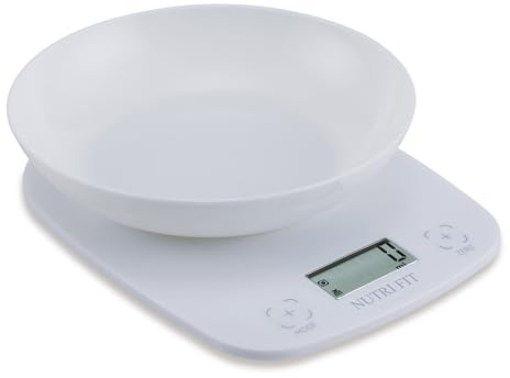 NUTRI FIT Digital Food Weight Scale with Removeable Bowl, 5kg/11lb, White | 0.7L Bowl Kitchen Scale Baking Cooking, Division 1g/0.1oz, g/ml/lb:oz/fl'oz, LCD Display, 2xAAA Batteries, Food Grade Plastic