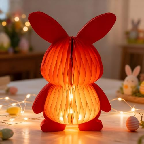 Osterdeko LED Papier Osterhasen Deko, Waben Papier Osterhase Faltbar mit Licht Magnet & Batterie, Osterdeko Beleuchtet Papierhasen Auffalten, Osterhase Deko Ostern Tisch, Wabenpapier Osterhasen (Rot)