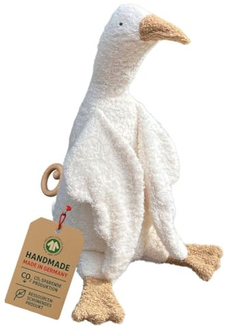 Efie Bio-Spieluhr Gans, Weiß, 100% Baumwollfrottee, Schurwolle-Füllung, GOTS-Zertifiziert, Handgefertigt, Made in Germany, 28 cm (Melodie: Guter Mond, Du gehst so stille)