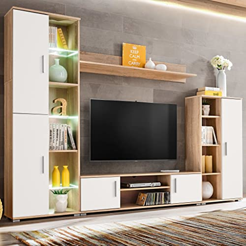 Domusverde Wohnwand LED-Leuchten Sonoma Eiche Weiß Anbauwand Schrankwand TV Wand