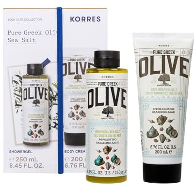 KORRES OLIVE & SEA SALT Körperpflege Set – Duschgel 250ml & Bodymilk 200ml, nährende Pflege mit Olivenextrakt & Meersalz, für erfrischte und gepflegte Haut, vegan