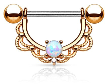 Paula & Fritz® Brustwarzen-Piercing Brustpiercing Frau Maenner Intimpiercing Mann Nippelpiercing Edelstahl Chirurgenstahl 316L Filigraner Bogen Opal Silber, Gelbgold, Roségold K11003-14_RD