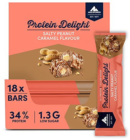 Multipower Protein Delight Eiweißriegel – 18 x 35 g Protein Riegel Box (630 g) – Leckerer Energieriegel – Salty Peanut Caramel