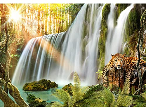 Runa Art Fototapete Wasserfall Leopard 352 x 250 cm Vlies Tapeten XXL Moderne Wandtapete Wohnzimmer Schlafzimmer Grün Orage 9394011a