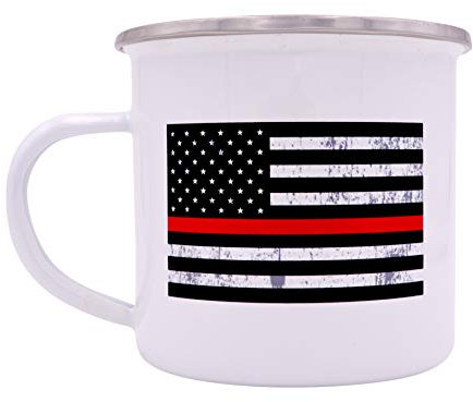 Firefighter The Thin Red Line Flag Camp Mug Enamel Camping Coffee Cup Gift Fire Fighter Department FD