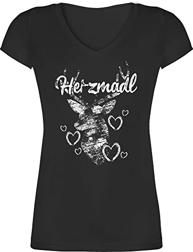 T-Shirt Damen V Ausschnitt - Kompatibel mit Oktoberfest - Herzmadl Hirsch - L - Schwarz - trachtenshirt Trachten-Tshirt bayrische geweih Shirts Oktoberfest-t-Shirt tailliertes Trachten Tshirt