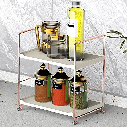 Plastic/Metal Stackable Organizer Shelf, 2-Tier, Rose Gold | Freestanding, Bathroom Countertop Storage, Cosmetic Organizer Holder, Kitchen Spice Rack, Standing Rack