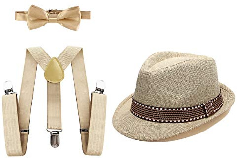 MYRISAM Kids 1920's Themed Party Costume Accessories Set Fedora Gangster Hat Adjustable Suspenders Bow Tie 3pcs Outfits