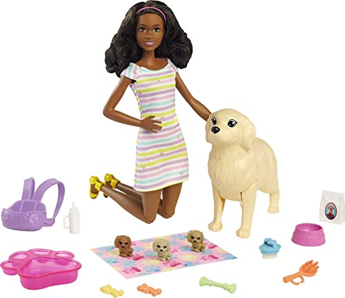 Barbie Famille Coffret Naissance des Chiots, avec poupée Brune, 1 Chienne et 3 Chiots, et Accessoires de Soin, Jouet pour Enfant, HCK76