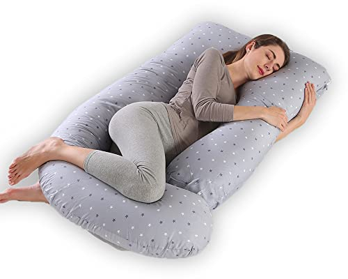 CALIYO Schwangerschaftskissen J Form,Stillkissen XXL-SeitenschläFerkissen mit Bezug,Pregnancy Pillow und Komfortkissen Erwachsene -Polsterung aus Baumwolle(Stern,180×70cm)
