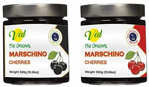 Ved Gourmet Original Rote & Schwarze Maraschino-Kirschen - Italienische Kirsche für Old Fashioned Cocktails - Veganer Cocktail, Bourbon-Kirschen in natürlichem Sirup zum Cocktail-Topping