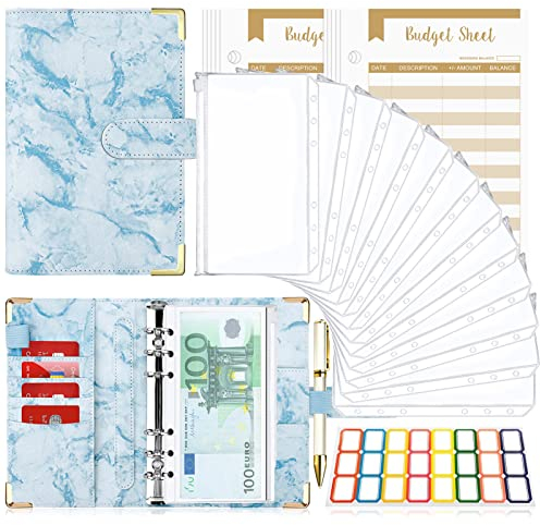 Budget Planner Budget Binder A6, Budgetplaner Geld Organizer mit Weiche PVC Tasche, TAOPE Leder Binder Notizbuch A6 Cash Stuffing, 6 Löcher Budget Planner, Haushaltsbuch mit Geldfächer Marmor Blau