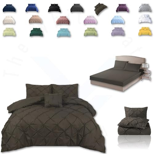 TheWhiteWater Duvet Set - 2/3 in 1 Bedding Set - Duvet Cover + Matching Pillowcases + Fitted Bed Sheets - NPolycotton Pintuck Cover (Chocolate Brown, 3 in 1 Bedding Set - Super King)