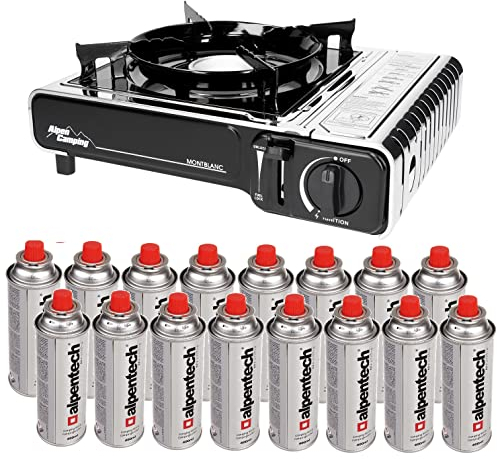 Alpen Camping Mount Blanc Réchaud à gaz 2,2 kW avec croix de cuisinière à gaz - Consommation de gaz 160 g/h - Allumage piézoélectrique (réchaud à gaz + 16 cartouches de 400 ml)