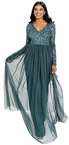 Maya Deluxe Womens Ladies Dress Long Sleeve for Wedding Guest V Neck High Empire Waist Maxi Long Length Evening Bridesmaid Prom, Robe Femme, Emerald Green, 10