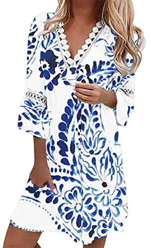 Tunika Kleid Damen Sommer Damen Tunika Kleid 3/4 Ärmel V Ausschnitt Fransen Blumendruck Boho-Damenkleid