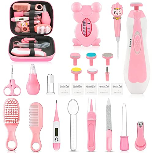 Baby Healthcare and Grooming Kit, 26 in 1 Portable Baby Safety Care Set with Hair Brush Comb Nasal Aspirator Electric Nail Trimmer Set Baby Essentials kit for Newborn Boys Girls (Pink)