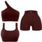 OLCHEE 3-teiliges Workout-Set für Damen – nahtlos, gerippt, Yoga-Outfits, eine Schulter, Sport-BH, hohe Taille, Shorts, Fitnessstudio, Athletik, Braun, Small