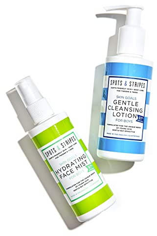 Spots & Stripes - Teen Skincare Duo for Boys, Effective and Natural Essentials for Teen and Young Skin, with Virgin Coconut, Cucumber and Aloe Vera, Super Gentle, Combats Blemishes (150ml and125ml)