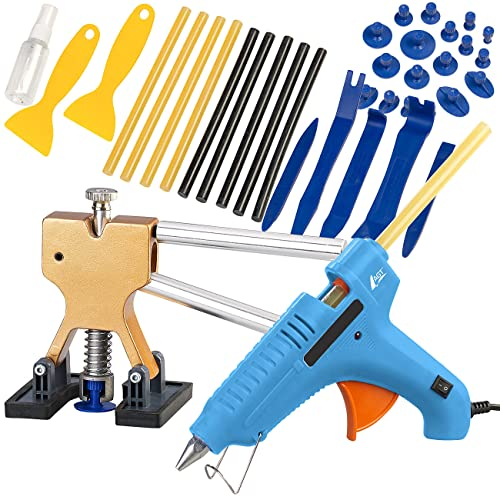 AGT Ausbeulwerkzeug: 38-TLG. Dellen-Reparatur-Set, Klebepistole, 10 Klebesticks, 18 Adapter (Ausbeulset, Beulenset, Kratzer Entferner)