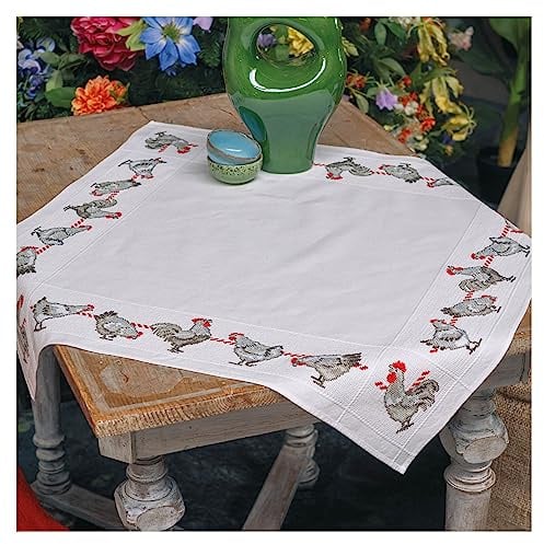 Vervaco Embroidery Kit Tablecloth Counted Pattern Pack Cross Stitch Chickens Embroidery Blankets for DIY Embroidery Craft Kit Craftsman Creative Set for Adults 80 x 80 cm Creative Gift