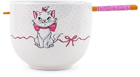 Disney The Aristocats Marie - Vajilla de cerámica | Incluye cuenco de fideos ramen de 20 onzas y palillos de madera
