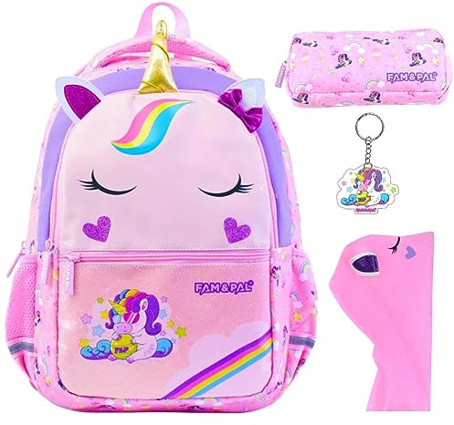 Fam and Pal I Cute Unicorn Onny Character 3D School Backpack for Girls I Pink Primary School Bag for Kids with Rain cap, Stationery Pouch, Keychain & Name Tag I