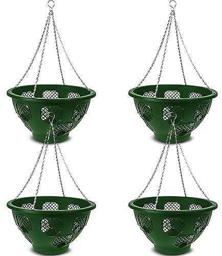 Easy Fill Set of 4 Hanging Basket - Original Easy Fill Hanging Plant Pots - 14 Inches Green Hanging Planters for Balcony, Indoor, or Outdoor - Plastic Hanging Basket for Herb, Flowers, or Plants