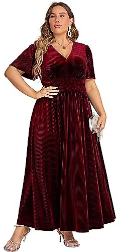 Simplee Women’s V Neck Velvet Maxi Dress Short Sleeve Empire Waist Long Formal Dress for Wedding Guest, P-burgundy, XL