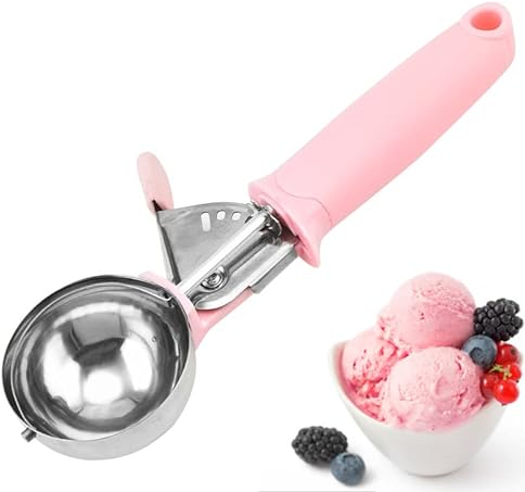 Eisportionierer aus Edelstahl, mit Auslöser und rutschfestem Gummigriff, Eislöffel zum Backen, Wassermelone, Frozen Joghurt (Rosa)