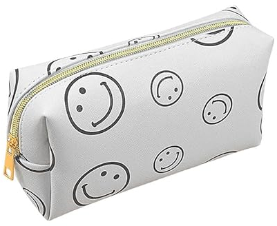 Kosmetiktasche PU-Leder Tragbare Make-up-Tasche Reißverschluss Beutel Smiley Gesicht Aufbewahrungstasche Wasserdicht Reise Toilettenartikel Organizer Geschenk für Frauen, Weiss/opulenter Garten, Small