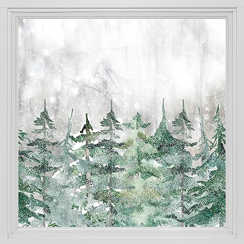 Alwayspon Statische Fensterfolie Privatsphäre, Doppelseitiger Fensteraufkleber, Anti-UV-Glasfolie für Weihnachtsdekoration, Winter Schneebedeckter Wald Grenze T061