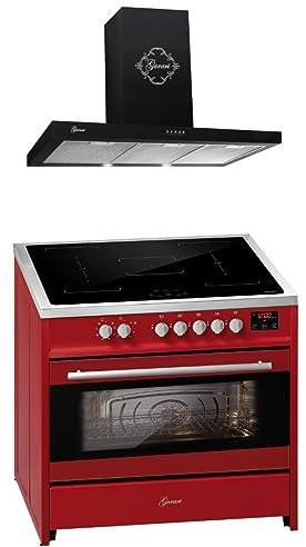 GURARI Induktions-Standherd E 913 R + GCH 461 BL 9, Range Cooker/Elektro Standherd 90 cm FLEX Induktionskochfeld + Dunstabzugshaube 90 cm, Rot